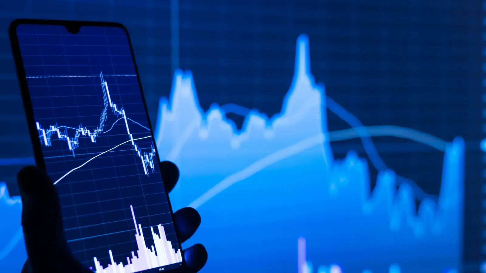 a person holding a cell phone in front of a stock chart