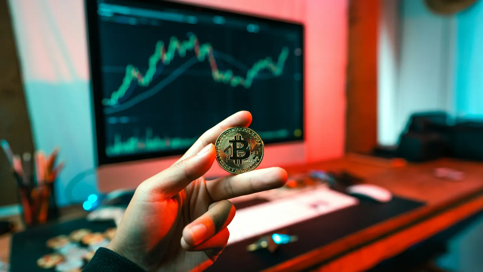 a person holding a coin in front of a computer